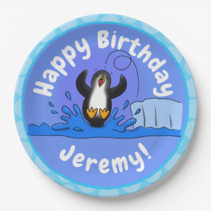 Assiettes En Carton Caricature de manchot joyeux sautant