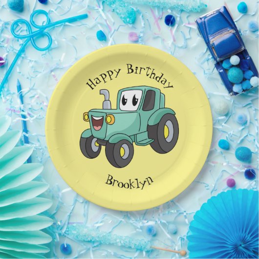 Assiettes En Carton Caricature joli tracteur vert joyeux (Fête)