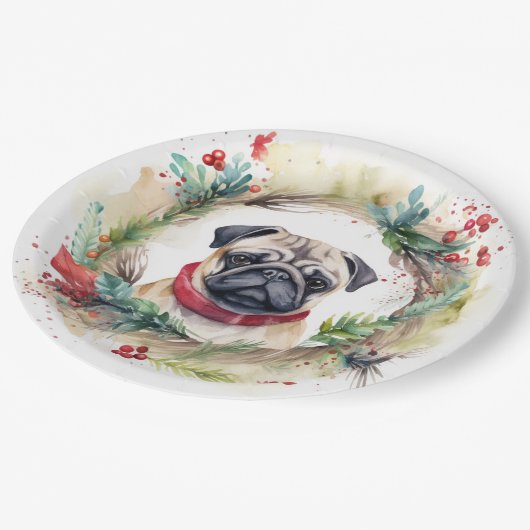 Assiettes En Carton Carlin Noël Wreath Festive Pup (Angle)