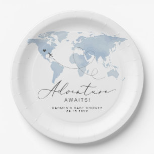Assiettes En Carton CARMEN Dusty Blue Map Baby shower d'aventure