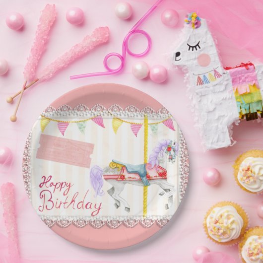 Assiettes En Carton Carousel Horse (Rose) Plaque Papier d'anniversaire (Fête)