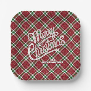 Assiettes En Carton Carré à carreaux scintillant Joyeux Noël
