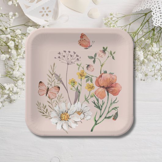Assiettes En Carton Carré Fleur sauvage rose pâle