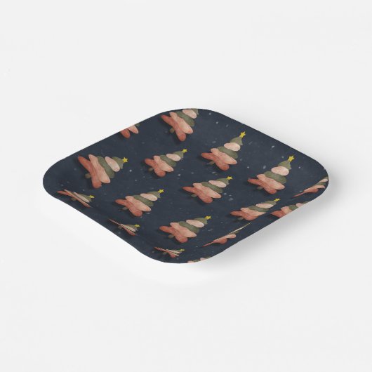 Assiettes En Carton Carré Minuit Bleu Arbre de Noël Motif Petit (Angulaire)