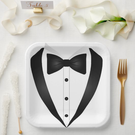 Assiettes En Carton Carré officiel Tuxedo (Mariage)
