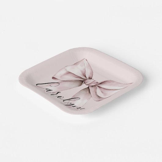 Assiettes En Carton Carré personnalisé avec nœud papillon rose coquett (Angulaire)