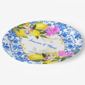 Assiettes En Carton Carreaux bleus citron Bougainvillea mariage person (Angle)