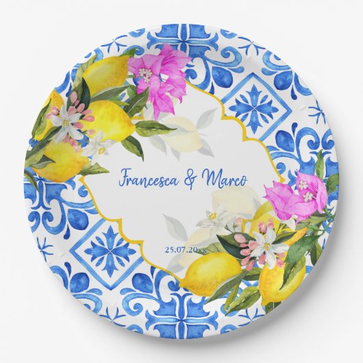 Assiettes En Carton Carreaux bleus citron Bougainvillea mariage person (Devant)