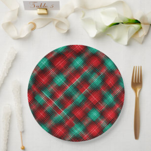 Assiettes En Carton Carreaux de fête rouges et verts
