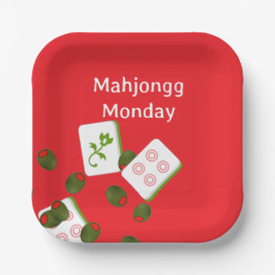 Assiettes En Carton Carreaux de Mahjong et plaque en papier d'olives