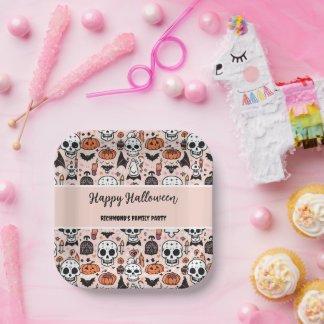 Assiettes En Carton Carreaux de thème Halloween rose éffrayant