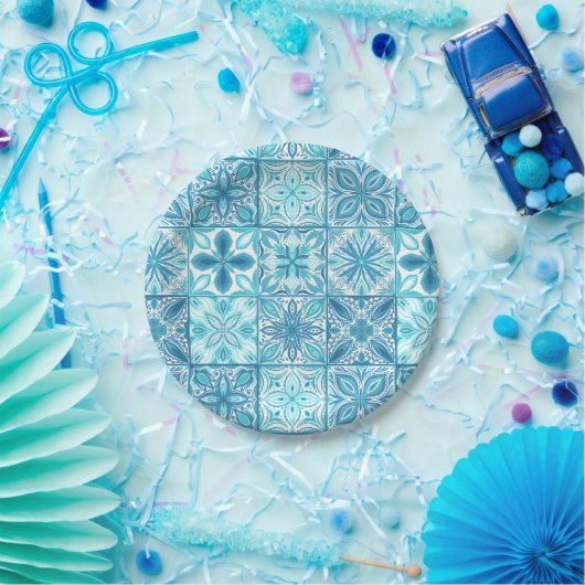 Assiettes En Carton Carreaux décorés en bleu et blanc (Fête)