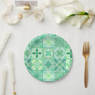 Assiettes En Carton Carreaux décorés en vert et blanc