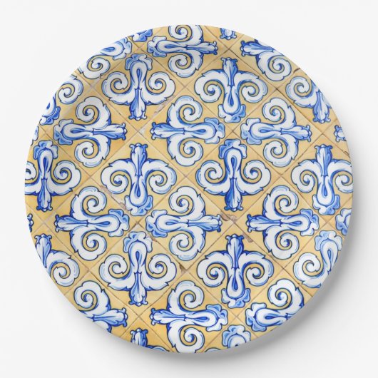 Assiettes En Carton Carreaux espagnols - Azulejo Bleu, Jaune et Blanc (Devant)