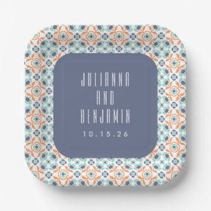 Assiettes En Carton Carreaux géométriques vintages Motif Mariage bleu 