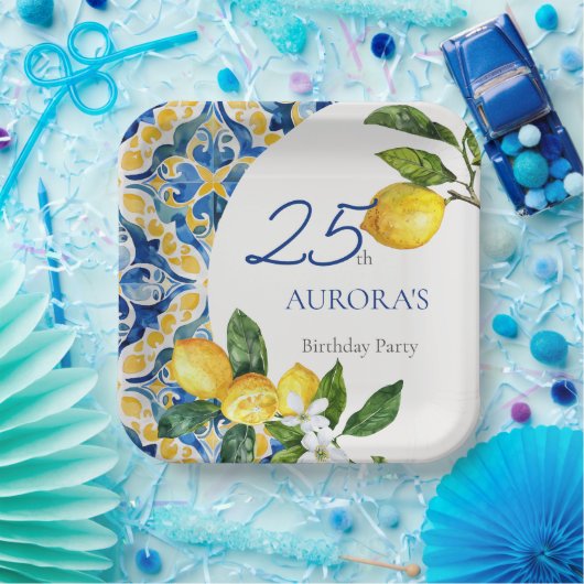Assiettes En Carton Carreaux méditerranéens Citron 25e anniversaire (Fête)