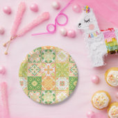 Assiettes En Carton Carreaux ornés en vert et jaune (Fête)