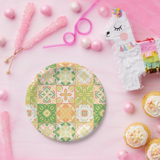 Assiettes En Carton Carreaux ornés en vert et jaune (Fête)