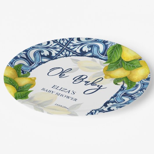 Assiettes En Carton Carrelage bleu et citron Amalfi Positano baby show (Angle)