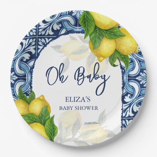 Assiettes En Carton Carrelage bleu et citron Amalfi Positano baby show (Devant)