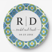 Assiettes En Carton Carrelage bleu et jaune méditerranéen mariage (Devant)