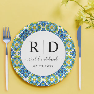 Assiettes En Carton Carrelage bleu et jaune méditerranéen mariage