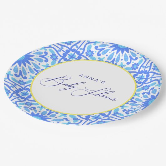 Assiettes En Carton Carrelage bleu italien Ligne jaune Baby shower Scr (Angle)