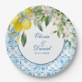 Assiettes En Carton Carrelage bleu méditerranéen et Mariage citron (Devant)