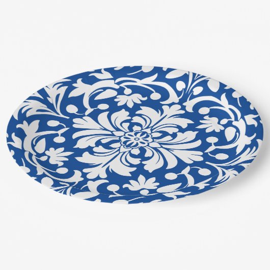 Assiettes En Carton Carrelage Damas Orné Bleu et Blanc (Angle)