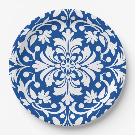 Assiettes En Carton Carrelage Damas Orné Bleu et Blanc (Devant)