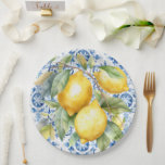 Assiettes En Carton Carrelage et citrons d'aquarelle italien bleu et b<br><div class="desc">Carrelage bleu et blanc italien motif et citrons</div>