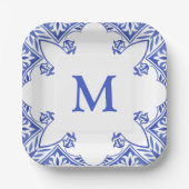 Assiettes En Carton Carrelage floral bleu et blanc Monogramme serviett (Recto)