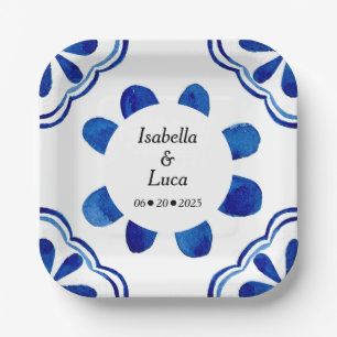 Assiettes En Carton Carrelage Floral Bleu Méditerranéen Aquarelle Pein