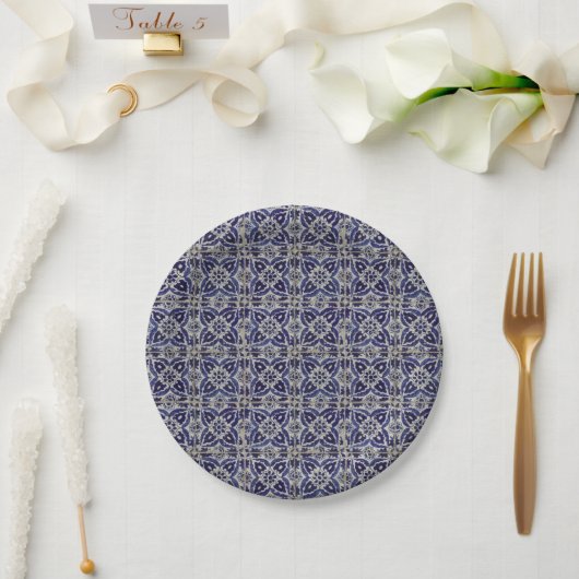 Assiettes En Carton Carrelage italien rustique Azulejo bleu blanc géom (Mariage)