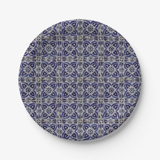 Assiettes En Carton Carrelage italien rustique Azulejo bleu blanc géom (Devant)