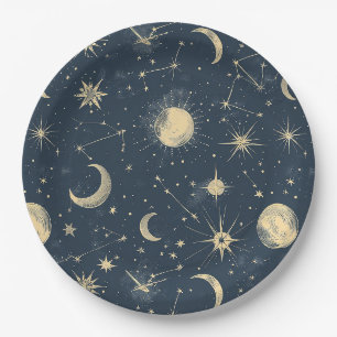 Assiettes En Carton Carte antique de la lune céleste en ivoire sur fon
