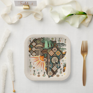 Assiettes En Carton Carte d'Afrique Motif Décoratif d'Éléments Tribaux