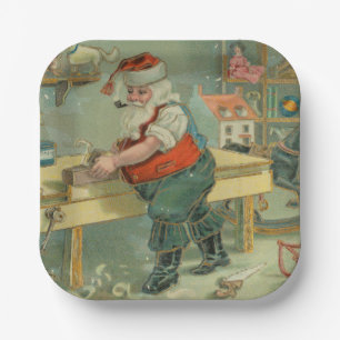 Assiettes En Carton Carte de Noël vintage - Santa dans son atelier