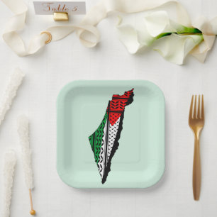 Assiettes En Carton Carte de Palestine avec drapeau et Motif Keffiyeg