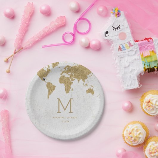 Assiettes En Carton Carte Gold Foil World Destination Mariage Monogram (Fête)
