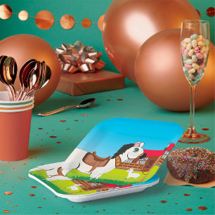 Assiettes En Carton Cartoon Farm Scène avec Cheval Chat et Chèvre