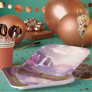 Assiettes En Carton Cascades et cerisiers autour d'un lac