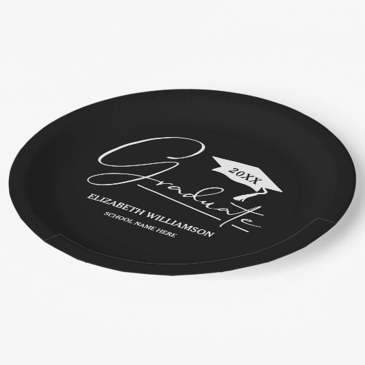 Assiettes En Carton Casquette de graduation de script blanc noir (Angle)