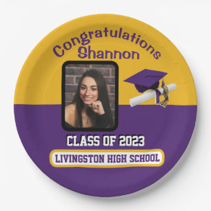 Assiettes En Carton Casquette & Diplôme, Purple & Gold Graduation