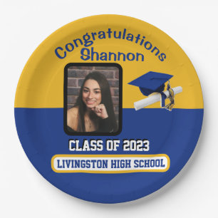 Assiettes En Carton Casquette & Diplôme, Royal Blue & Gold Graduation