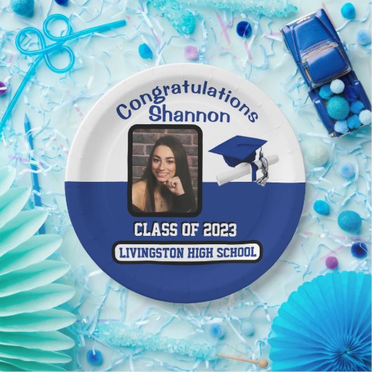 Assiettes En Carton Casquette & Diplôme, Royal Blue & White Graduation (Fête)