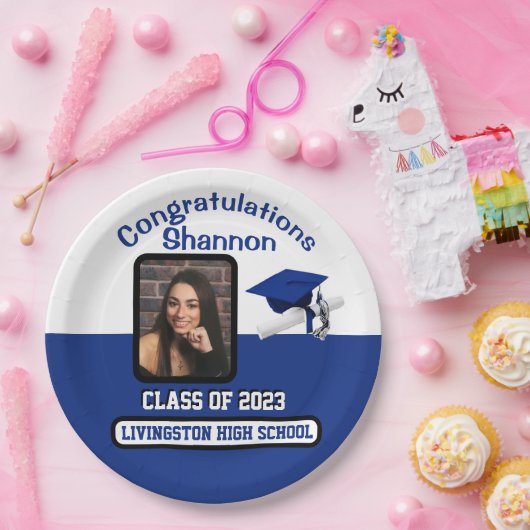 Assiettes En Carton Casquette & Diplôme, Royal Blue & White Graduation (Fête)