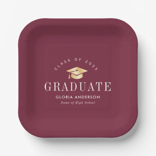 Assiettes En Carton casquette d'or Maroon Graduation (Recto)