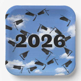 Assiettes En Carton Casquettes de graduation noir 2025 dans le ciel