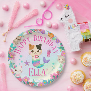 Assiettes En Carton Cat Meowmaid Fille Sirène Fête d'anniversaire